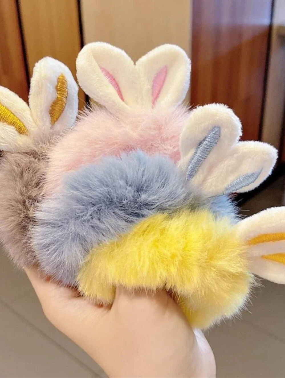 Set 4 Fluffy Bunny Ear Pom Hair Tie for Kids — Pastel Pink, Blue, Yellow, Gray